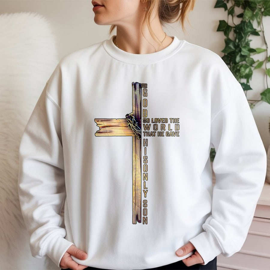 For God So Loved The World Cross Sweatshirt | John 3:16 Bible Verse Graphic | Premium Cotton Blend | Christian Gift for Men and Women
