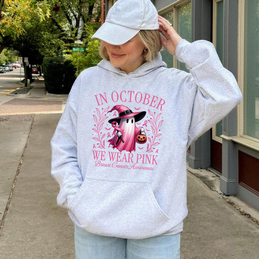 Breast Cancer Awareness Hoodie | In October We Wear Pink Ghost Design | Premium Cotton Blend | Gift For Cancer Fighters And Survivors