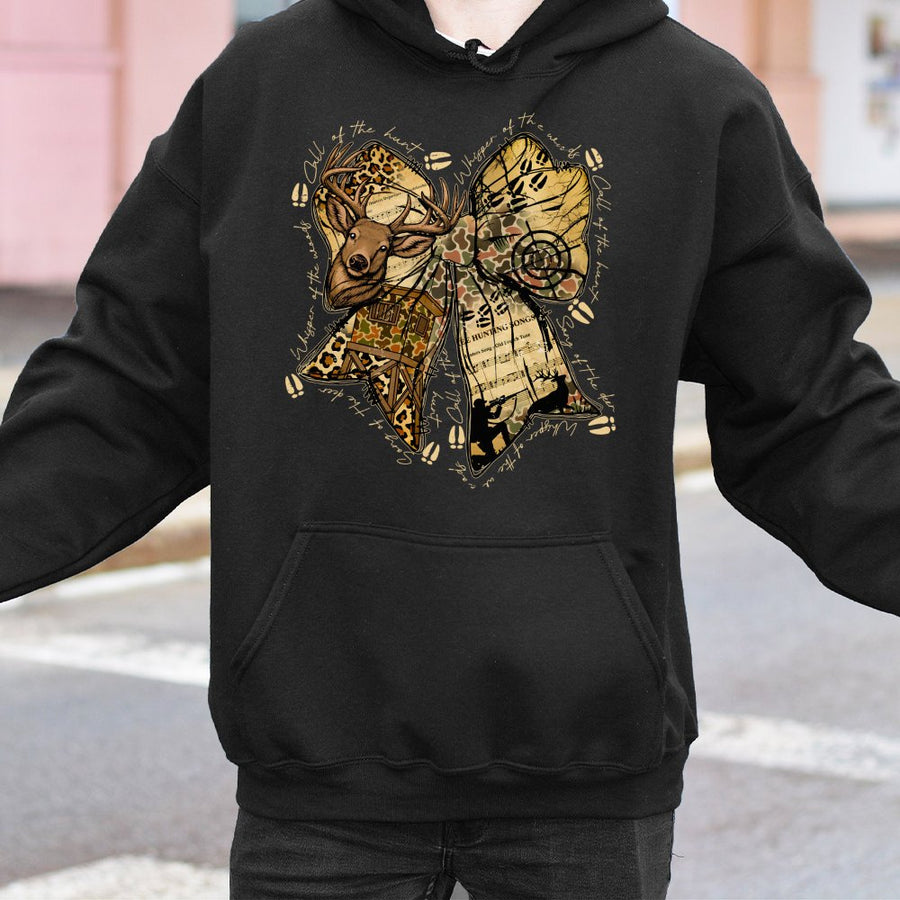 Hunting Bow Hoodie | Camo Deer Hunter Coquette Aesthetic | Premium Cotton Blend | Gift For Deer Hunter Women And Men