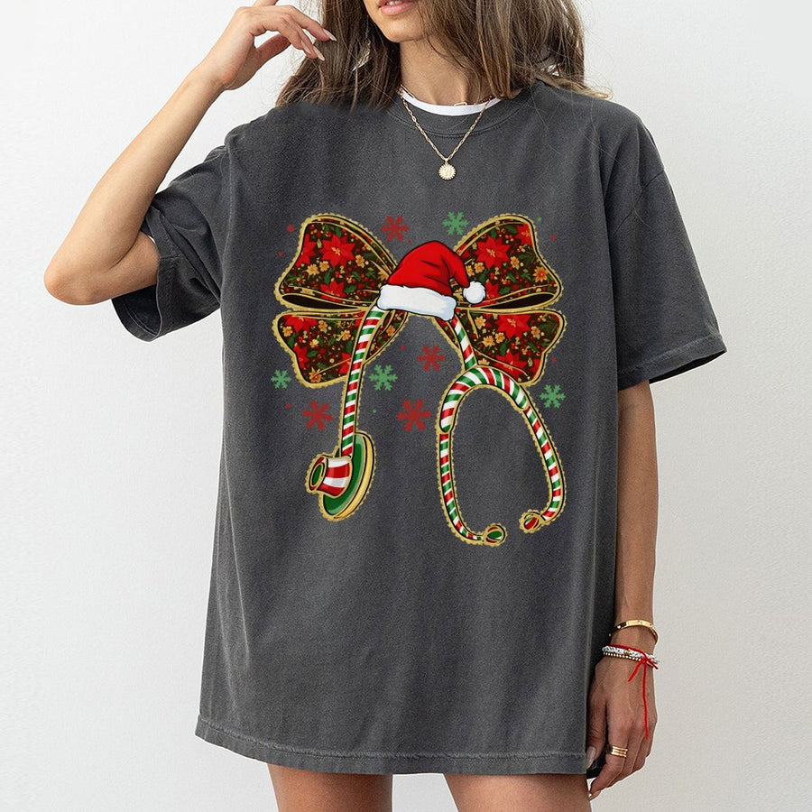 Christmas Nurse T-Shirt | Coquette Bow Stethoscope Design | Premium 100% Cotton | Cute Holiday Gift for Nurses & Healthcare Workers