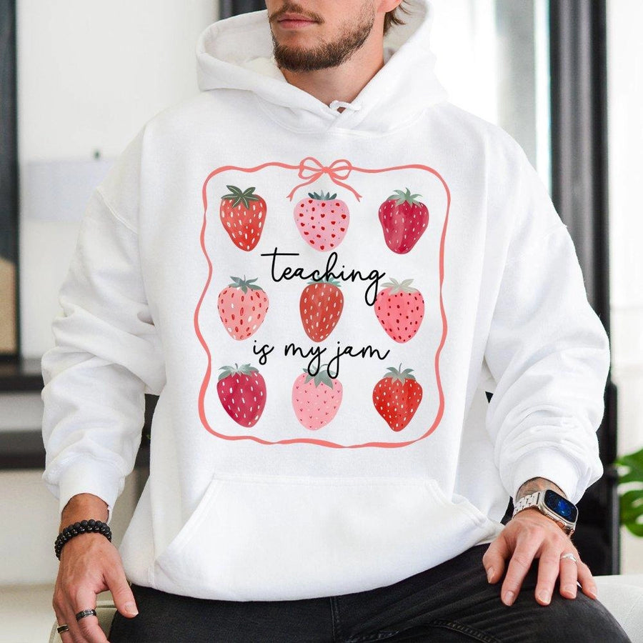 Teaching Is My Jam Hoodie | Cute Strawberry Teacher Graphic | Premium Cotton Blend Pullover | Teacher Appreciation Gift For Women