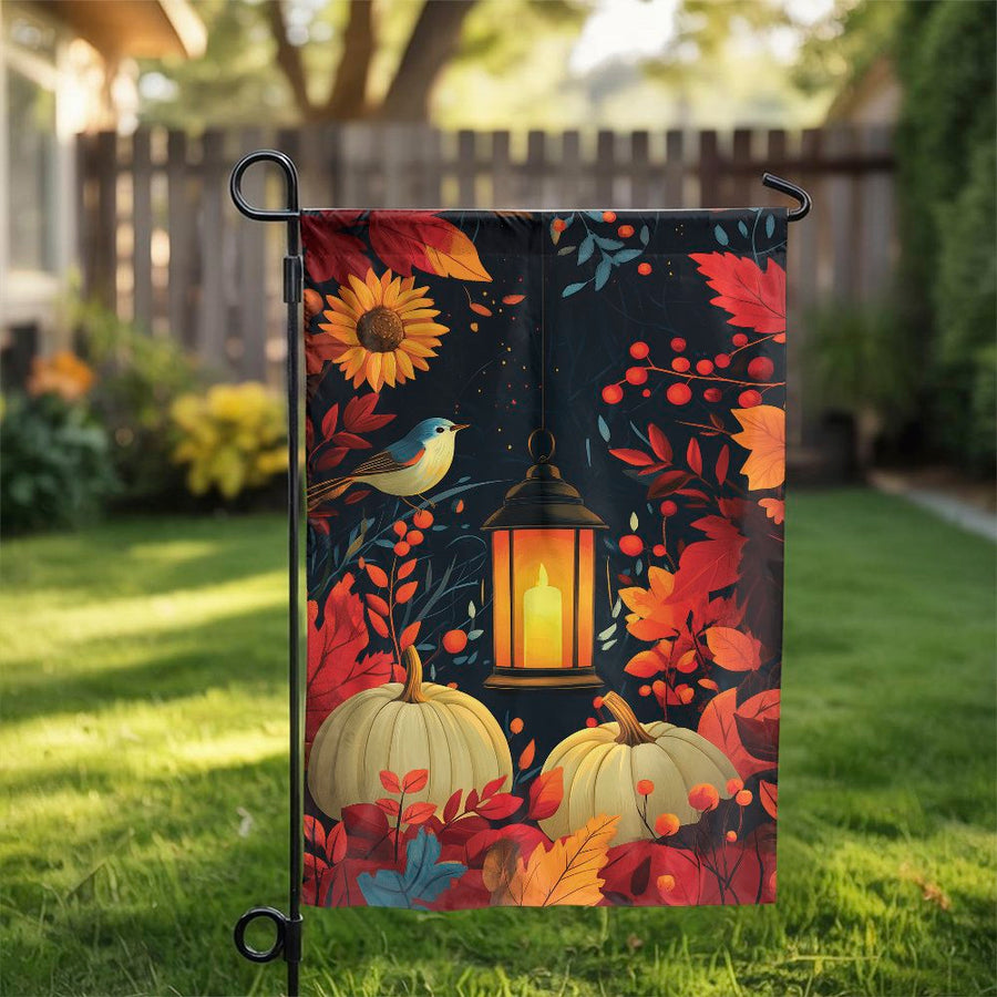 Fall Garden Flag | Autumn Lantern Pumpkin & Bird Design | Weather-Resistant Premium Polyester | Festive Outdoor Yard Decor Gift