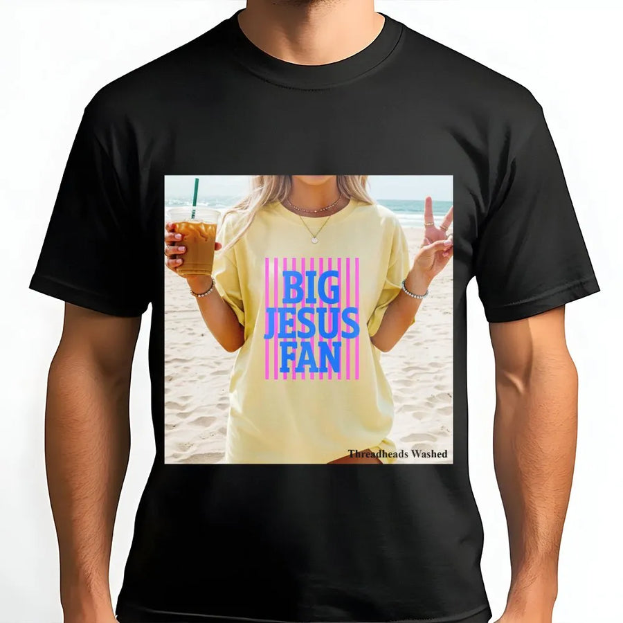 Big Jesus Fan T-Shirt | Preppy Striped Christian Graphic | Premium Cotton Blend | Inspirational Faith Gift for Women