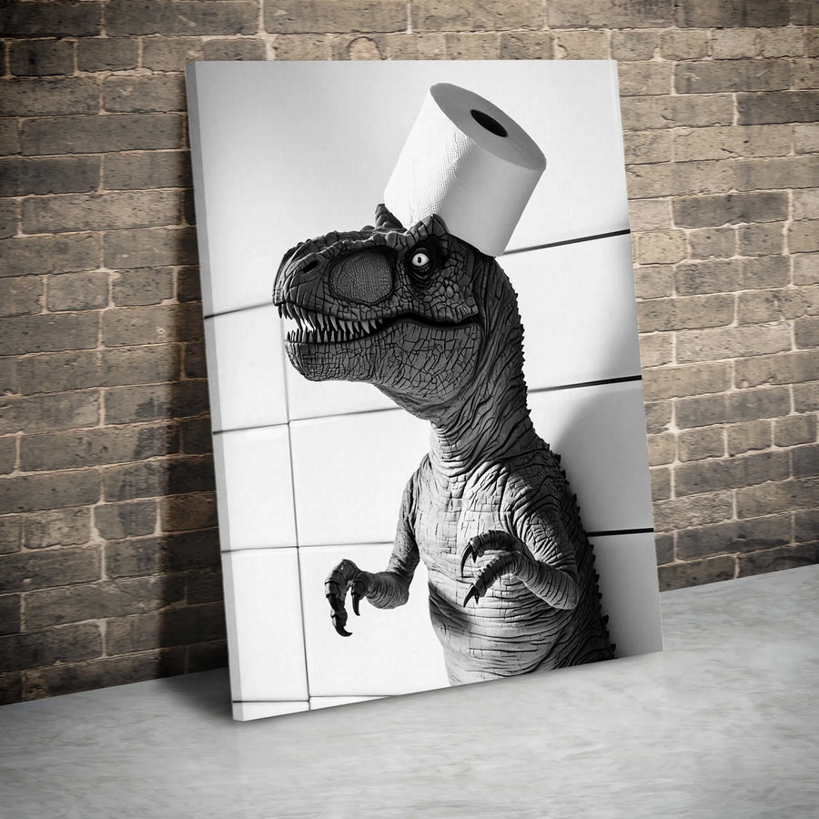 Funny T-Rex Bathroom Wall Art | Dinosaur With Toilet Paper Canvas Print | Premium Fade-Resistant Decor | Quirky Gift for Bathroom Enthusiasts