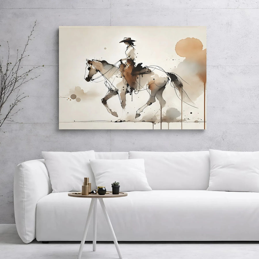 Cowgirl on Horse Canvas Wall Art | Abstract Watercolor Western Decor | Premium Gallery Wrap Print | Southwestern Home Office Gift