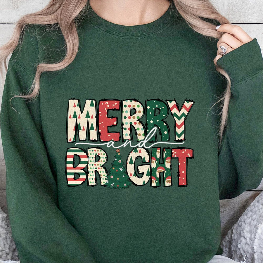 Merry and Bright Sweatshirt | Retro Christmas Tree Pattern Graphic | Premium Cotton Blend | Holiday Gift for Women and Men