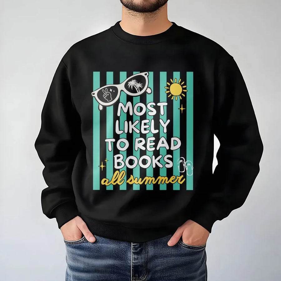 Most Likely To Read Books Sweatshirt | Retro Summer Vacation Graphic | Premium Cotton Tee | Funny Gift for Book Lovers and Librarians