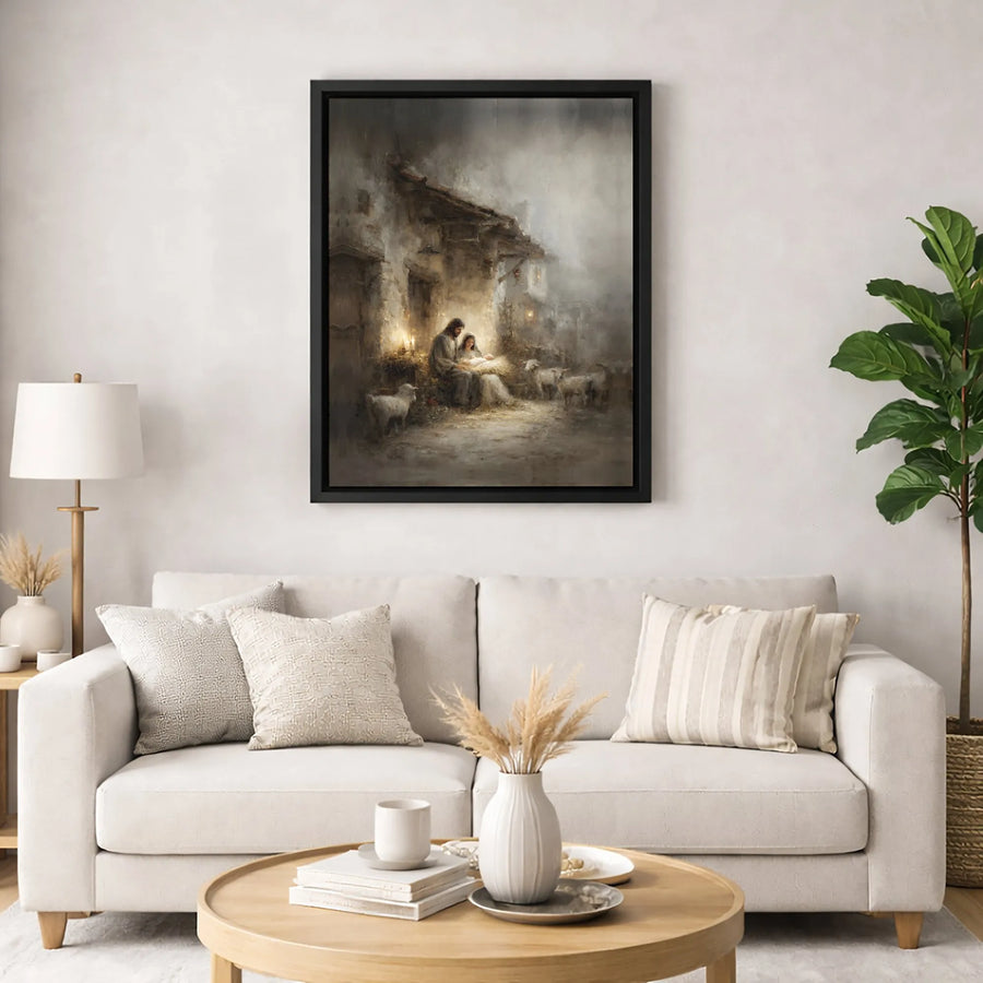 Nativity Scene Canvas Print | Holy Family and Lambs Wall Art | 1.25 Inch Premium Gallery Wrap | Christian Christmas Home Decor Gift