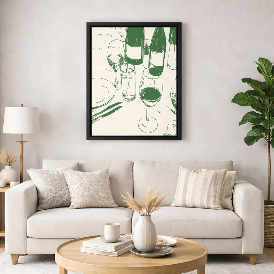 Wine Dinner Table Canvas Art | Minimalist Green Line Sketch | Premium Gallery Wrapped Print | Modern Kitchen and Dining Room Decor