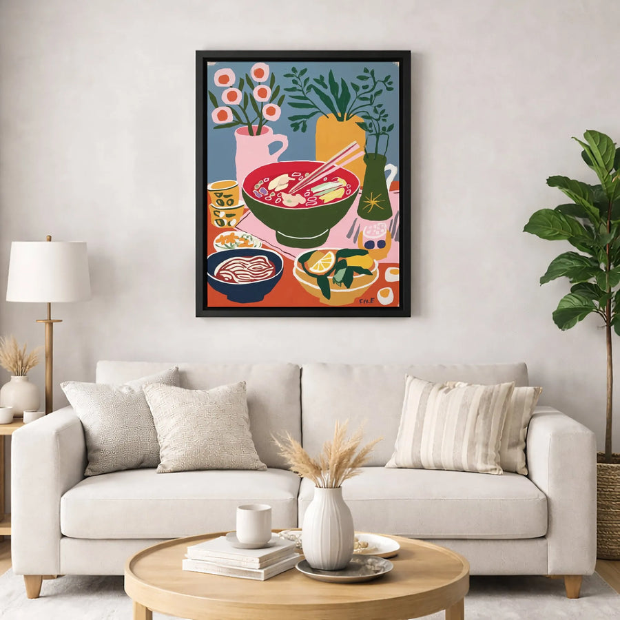 Ramen Noodle Soup Wall Art | Colorful Abstract Food Illustration | Premium 1.25-Inch Gallery Wrapped Canvas | Modern Kitchen Dining Decor