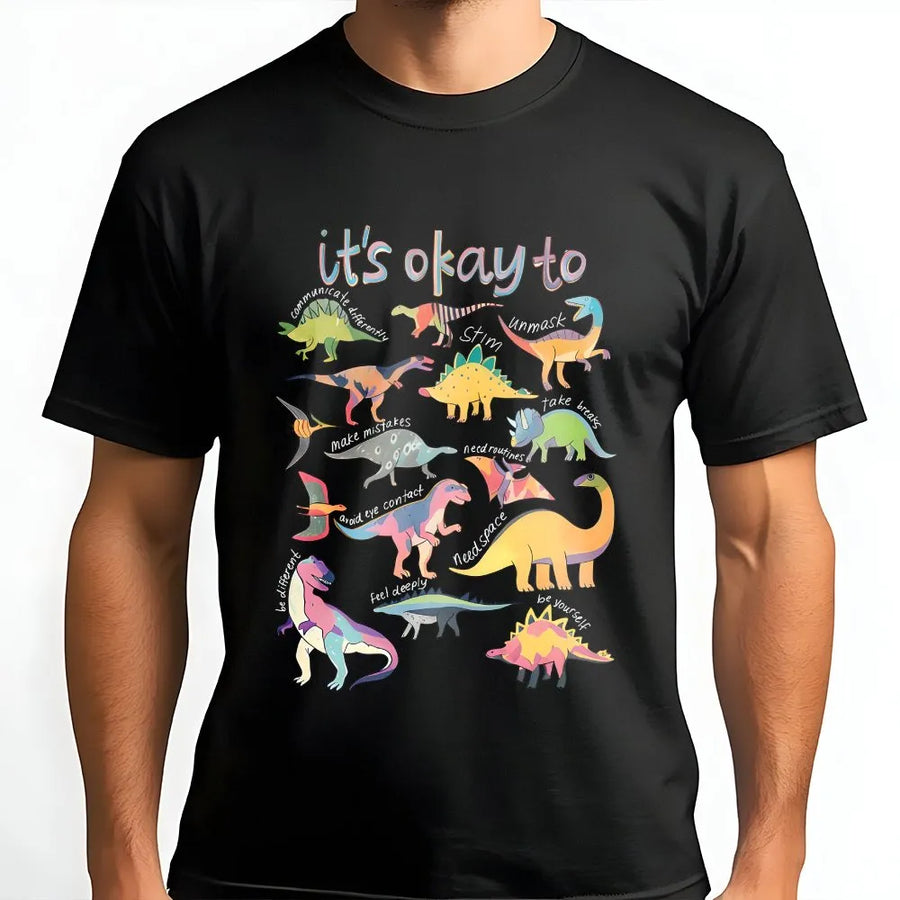 Autism Awareness Dinosaur T-Shirt | It's Okay To Be Different Graphic | Soft Cotton-Poly Blend | Gift for Special Ed Teacher & Autism Mom