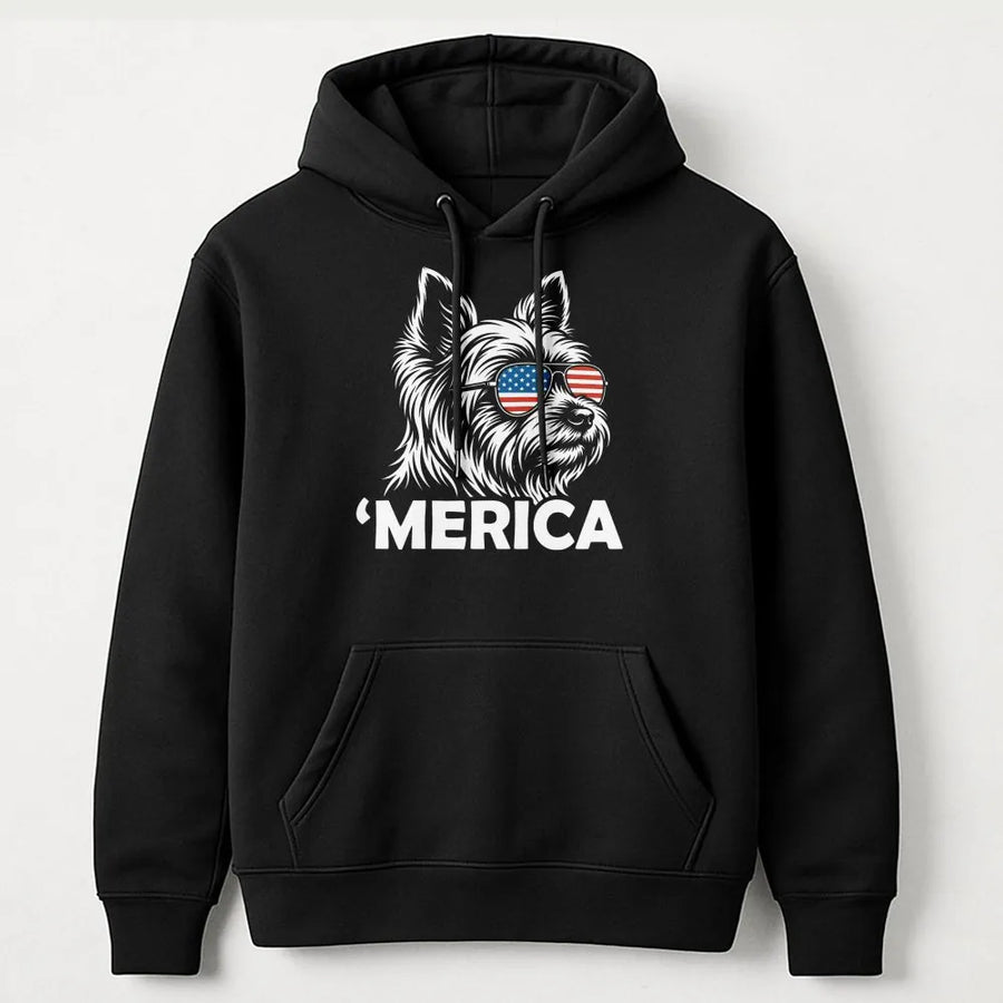 'Merica Dog Hoodie | Yorkie with American Flag Sunglasses | Soft Fleece Pullover | Gift for Patriotic Dog Lovers