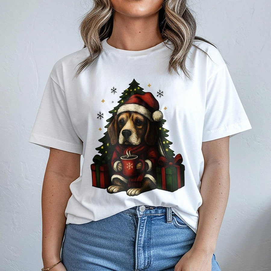 Beagle Christmas T-Shirt | Cute Puppy in Santa Hat Graphic | 100% Premium Cotton Tee | Holiday Gift for Dog Lovers