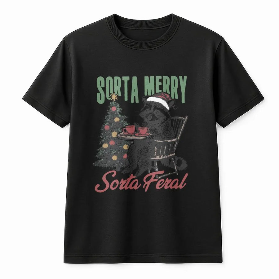 Sorta Merry Sorta Feral Raccoon T-Shirt | Funny Christmas Animal Graphic Tee | Premium Soft Cotton | Unisex Holiday Gift for Animal Lovers