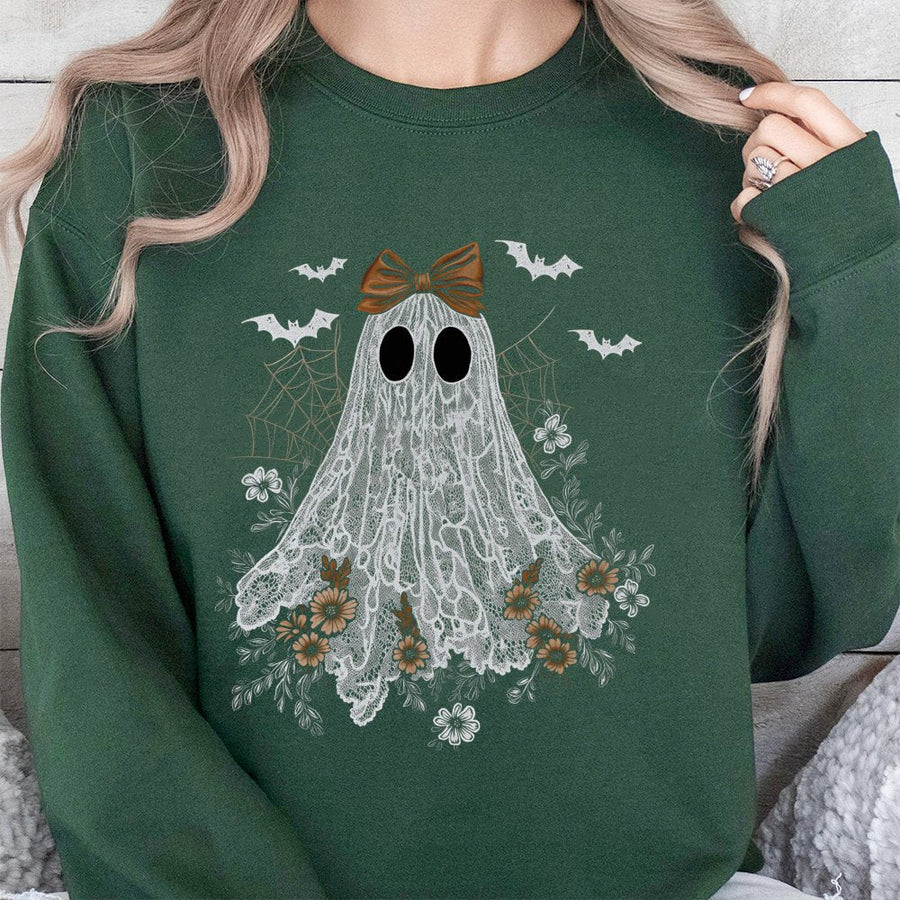 Lace Ghost Sweatshirt | Cute Bow Halloween Graphic Design | Premium Cotton Blend | Aesthetic Spooky Fall Gift for Women & Girls