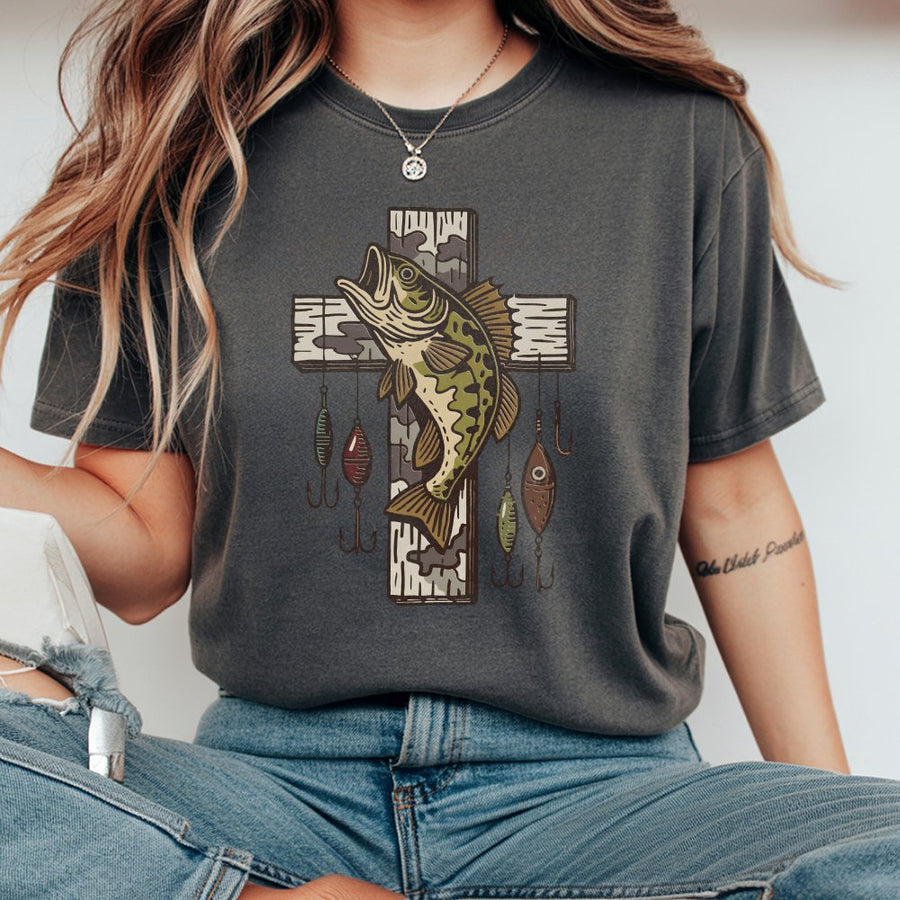 Fishing Cross Graphic T-Shirt | Faith Based Bass Fish Lure Design | 100% Cotton Premium Comfort | Unique Christian Outdoor Gift for Men and Women
