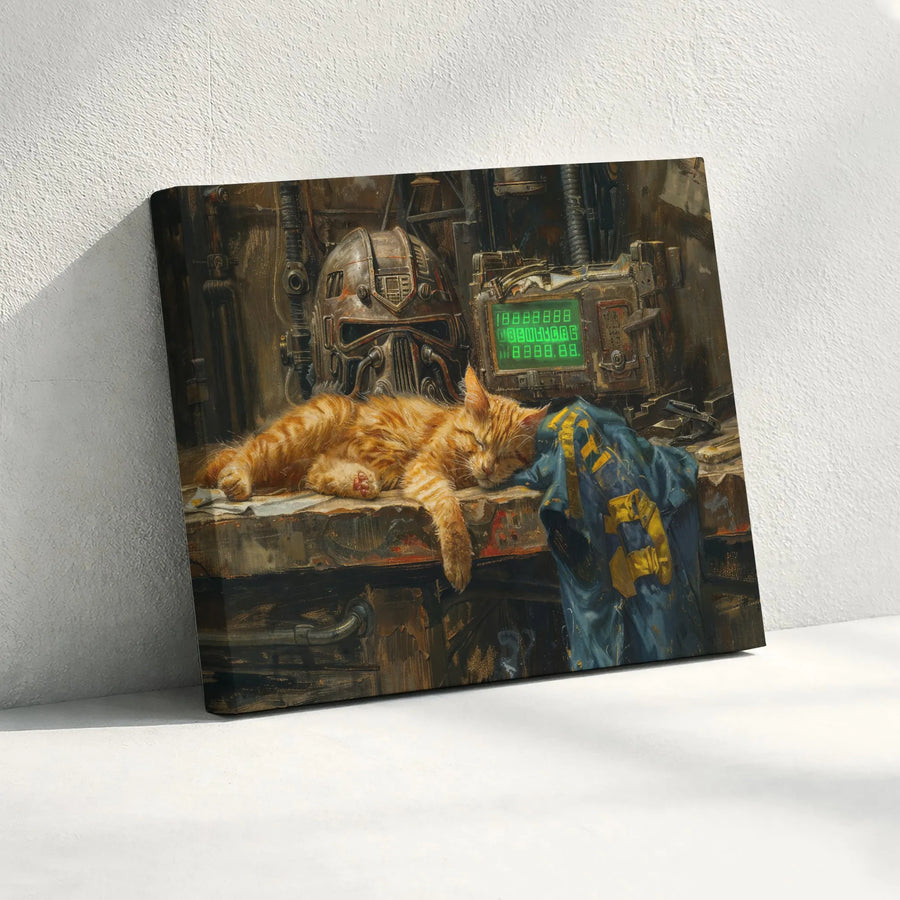 Post-Apocalyptic Cat Wall Art | Sleeping Tabby with Power Armor Helmet | Gallery Quality Stretched Canvas | Gamer Home Office Gift