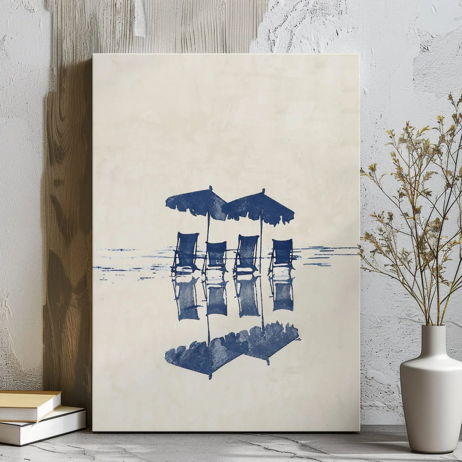 Coastal Beach Art Canvas Print | Minimalist Navy Blue Umbrellas & Chairs | Gallery Wrapped Premium Quality | Relaxing Modern Home Decor Wall Art