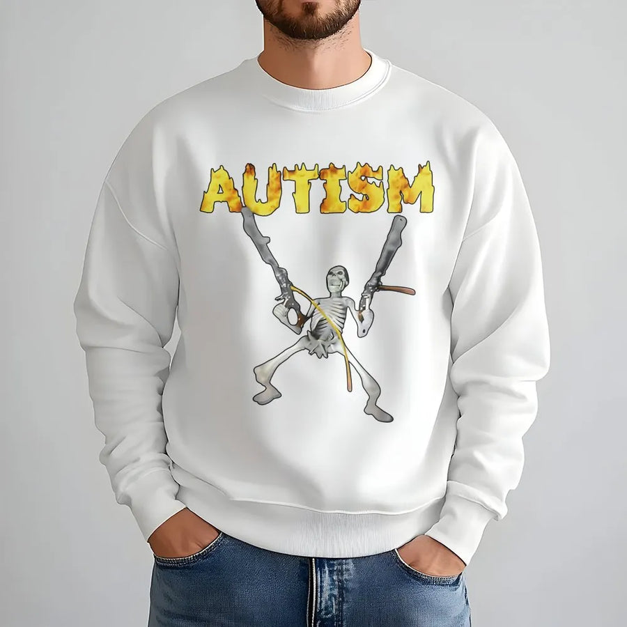 Autism Skeleton Meme Sweatshirt | Edgy Fire Text Graphic Design | Premium Cotton Blend | Funny Neurodivergent Gift For Men And Women