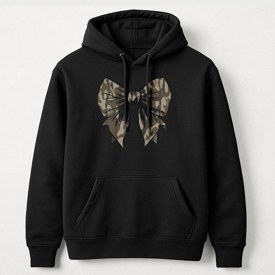 Camo Bow Hoodie | Trendy Coquette Aesthetic Graphic | Premium Cotton Blend Comfort | Cute Fall Sweatshirt Gift for Women