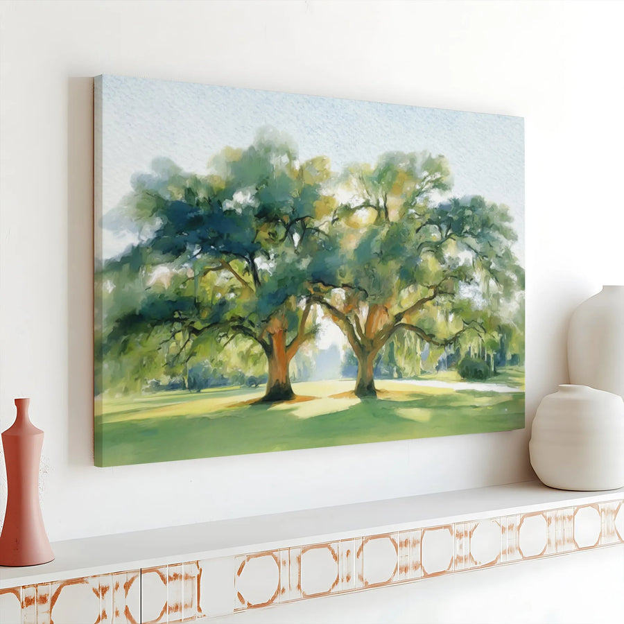 Southern Live Oak Canvas Print | Impressionist Twin Trees Painting | Premium Gallery Wrapped Wall Art | Farmhouse Living Room Decor Gift