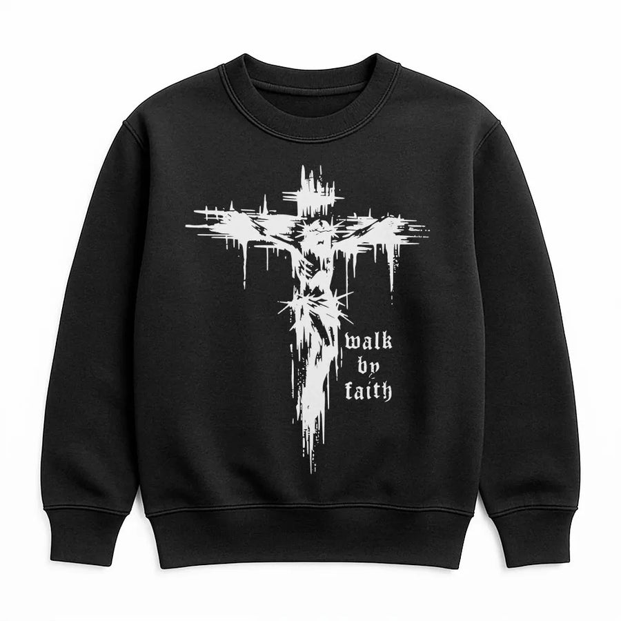Christian Cross Sweatshirt | Walk by Faith Grunge Graphic Sweatshirt | Premium Cotton-Blend | Religious Gift for Men and Women
