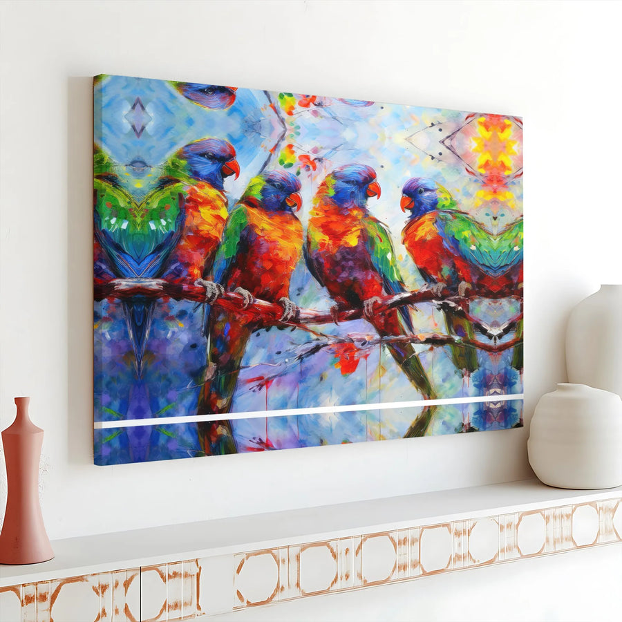 Colorful Rainbow Lorikeet Horizontal Canvas | Vibrant Tropical Parrots Painting Print | Premium 1.25” Stretched Frameless Art | Bright Living Room Decor Gift