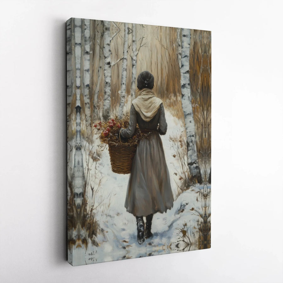 Winter Birch Forest Canvas Print | Woman With Flower Basket Painting | Premium Gallery Wrapped Wall Art | Rustic Seasonal Home Decor Gift