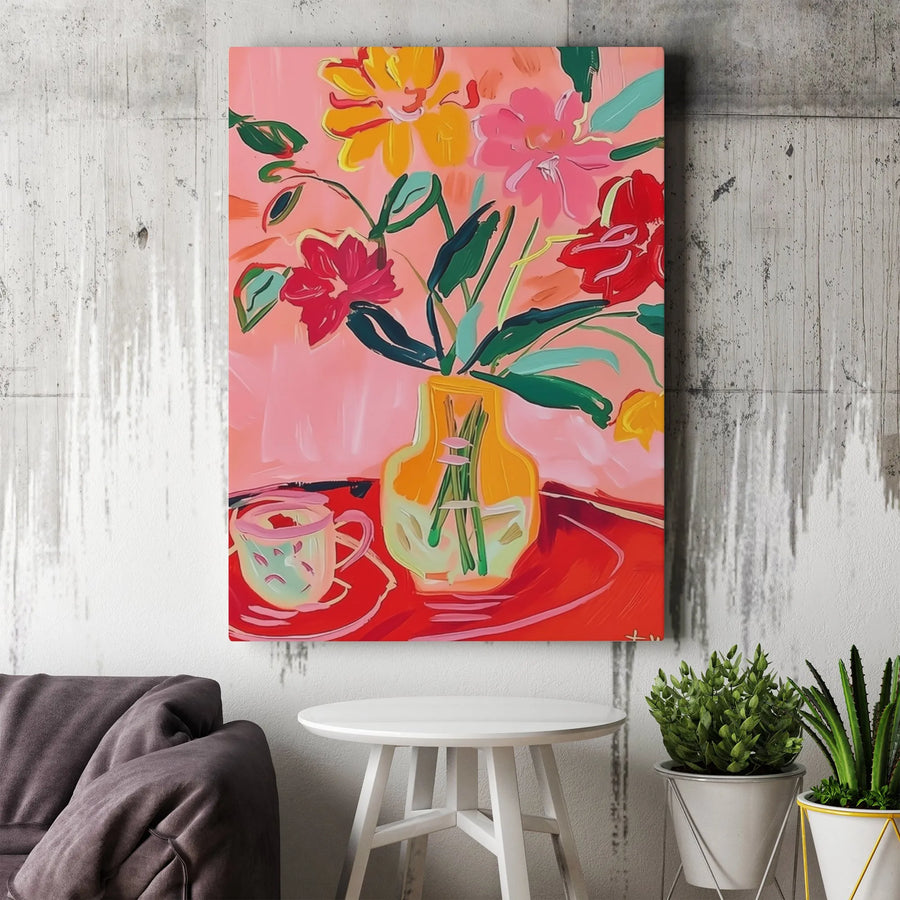 Abstract Floral Still Life Canvas Art | Vibrant Vase and Teacup Painting | Gallery-Wrapped Premium Print | Modern Botanical Home Decor Gift