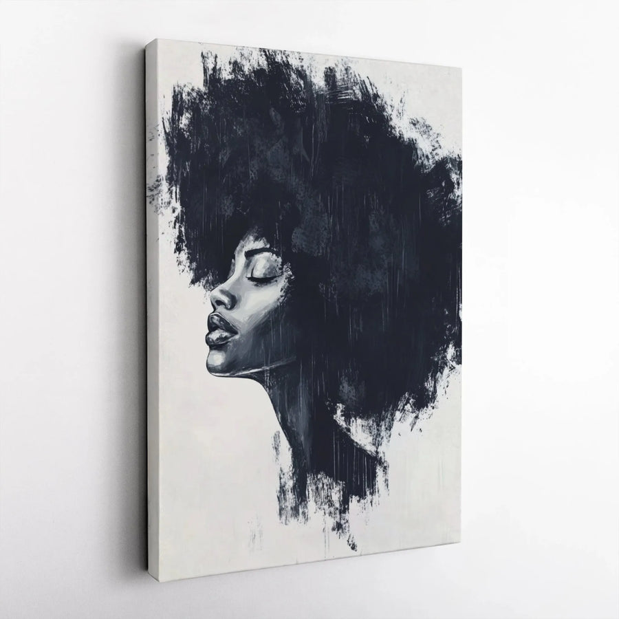 Black Woman Afro Canvas Art | Minimalist Black and White Portrait | Premium Gallery Wrap Wall Decor | Modern Living Room Home Gift