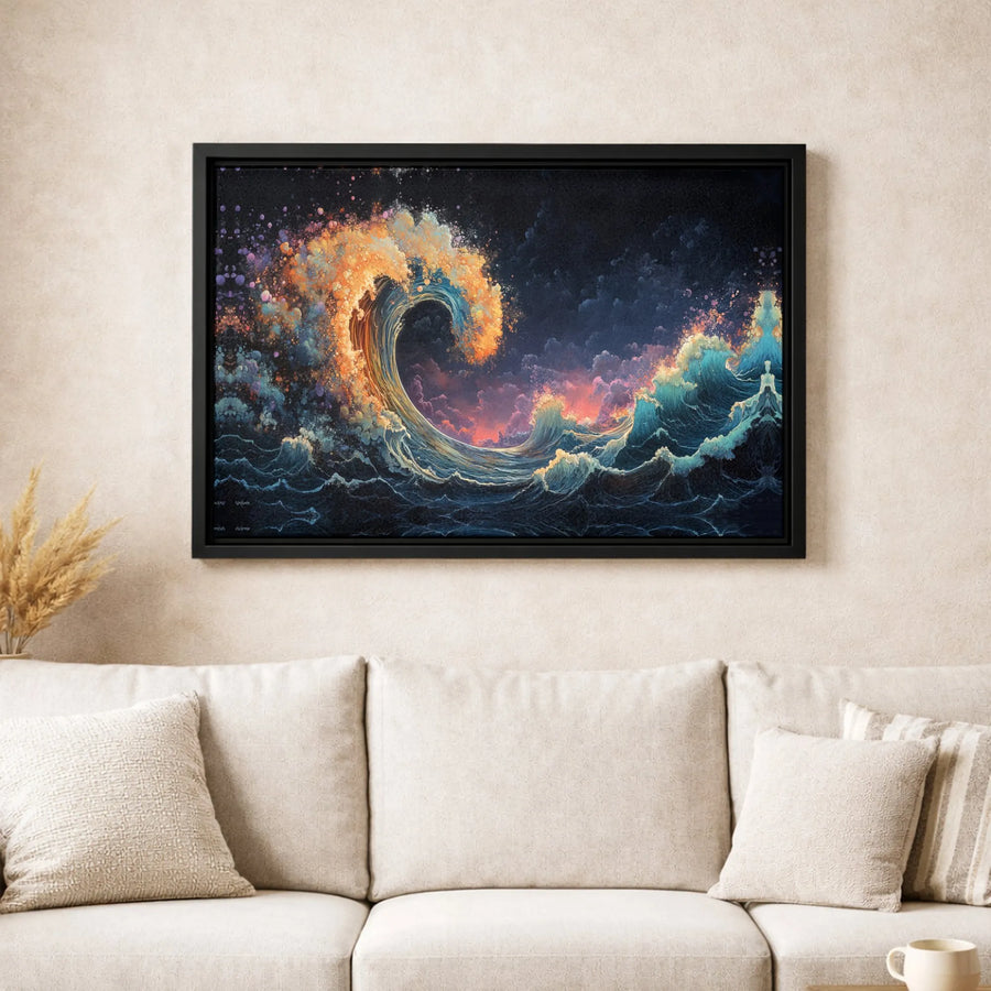 Cosmic Ocean Wave Canvas Print | Glowing Sunset Abstract Seascape Wall Art | Premium Gallery-Wrapped Gallery Quality | Modern Home Decor Gift