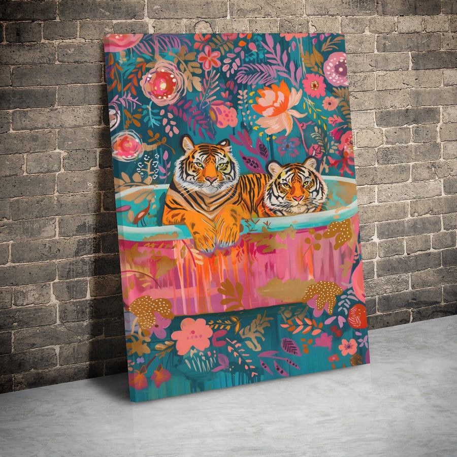 Tiger Canvas Wall Art | Colorful Botanical Jungle Bathroom Decor | 1.25" Gallery Wrap Premium Print | Whimsical Animal Lover Gift