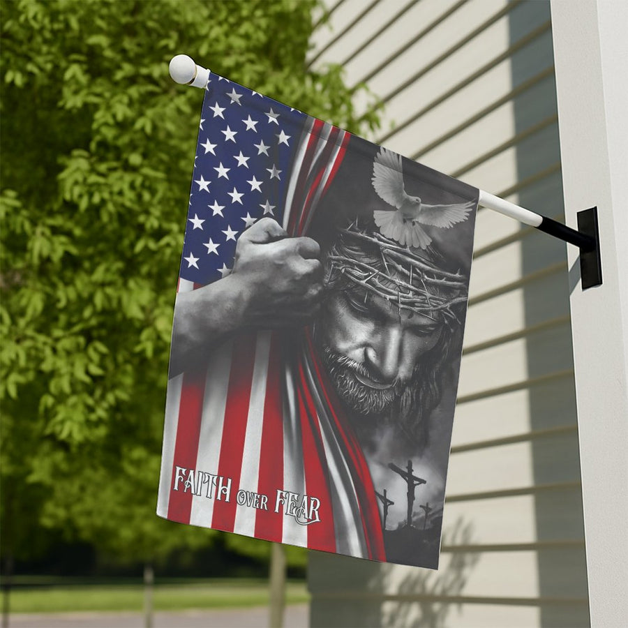 Faith Over Fear Garden Flag | American Flag Jesus Portrait Christian Decor | UV-Resistant Premium Polyester | Patriotic Religious Home Garden Gift