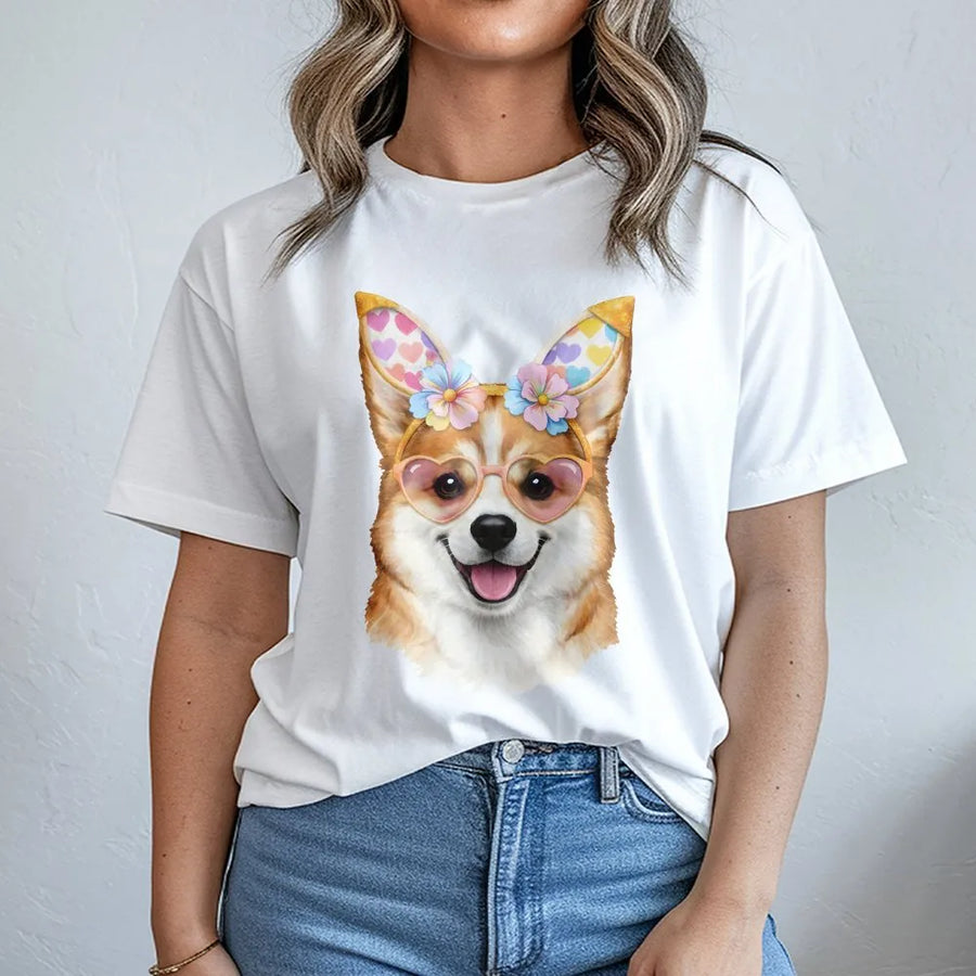 Cute Corgi Easter T-Shirt | Dog with Bunny Ears & Heart Glasses | Soft Cotton Graphic Tee | Gift for Corgi Mom & Dog Lovers