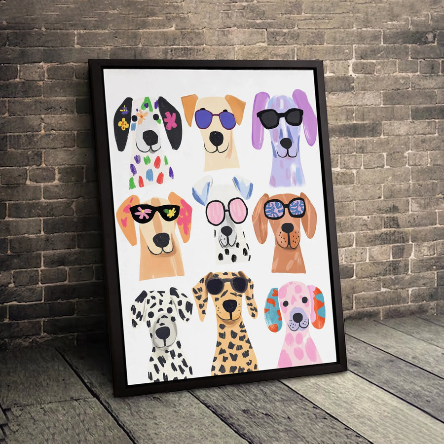 Dog Wall Art Canvas | Colorful Pop Art Puppy Portraits With Sunglasses | Premium Gallery Wrapped Print | Fun Gift For Dog Lovers & Modern Home Decor