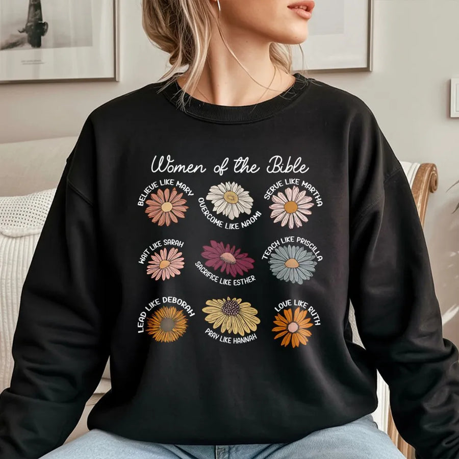 Women of the Bible Sweatshirt | Boho Daisy Floral Faith Design | Premium Cotton Blend Crewneck | Christian Religious Gift for Women