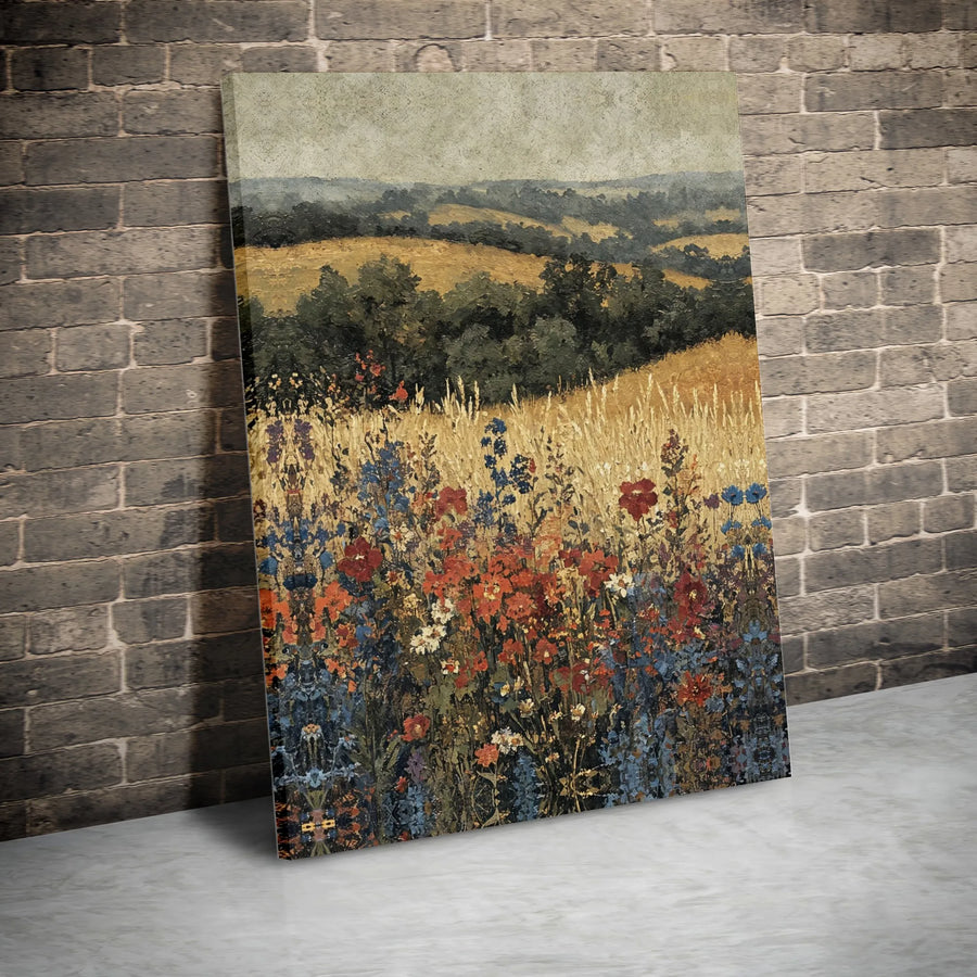 Wildflower Meadow Canvas Print | Impressionist Rolling Hills Landscape Art | Premium Gallery Wrapped Wall Decor | Farmhouse Cottagecore Gift