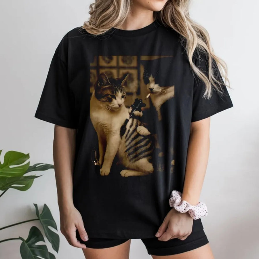 Tattoo Artist Cat T-Shirt | Funny Smoking Cat Graphic Tee | 100% Premium Cotton | Quirky Gift for Cat Lovers and Ink Enthusiasts
