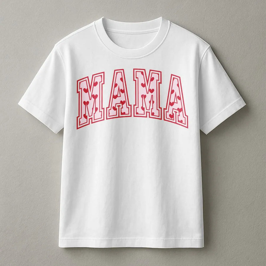 Mama T-Shirt | Heart Pattern Varsity Lettering | Soft Cotton Graphic Tee | Trendy Mom Gift for Valentine's Day