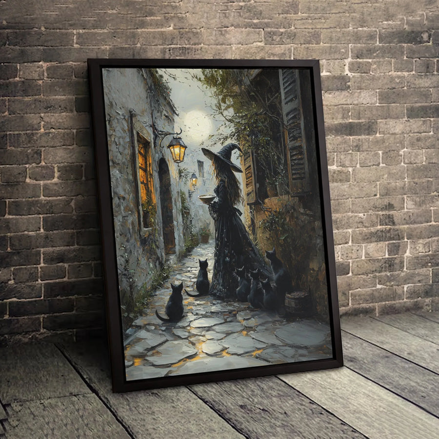 Witch and Black Cats Wall Art | Moonlit Cobblestone Alley Design | 1.25 Inch Premium Canvas | Spooky Halloween Home Decor Gift