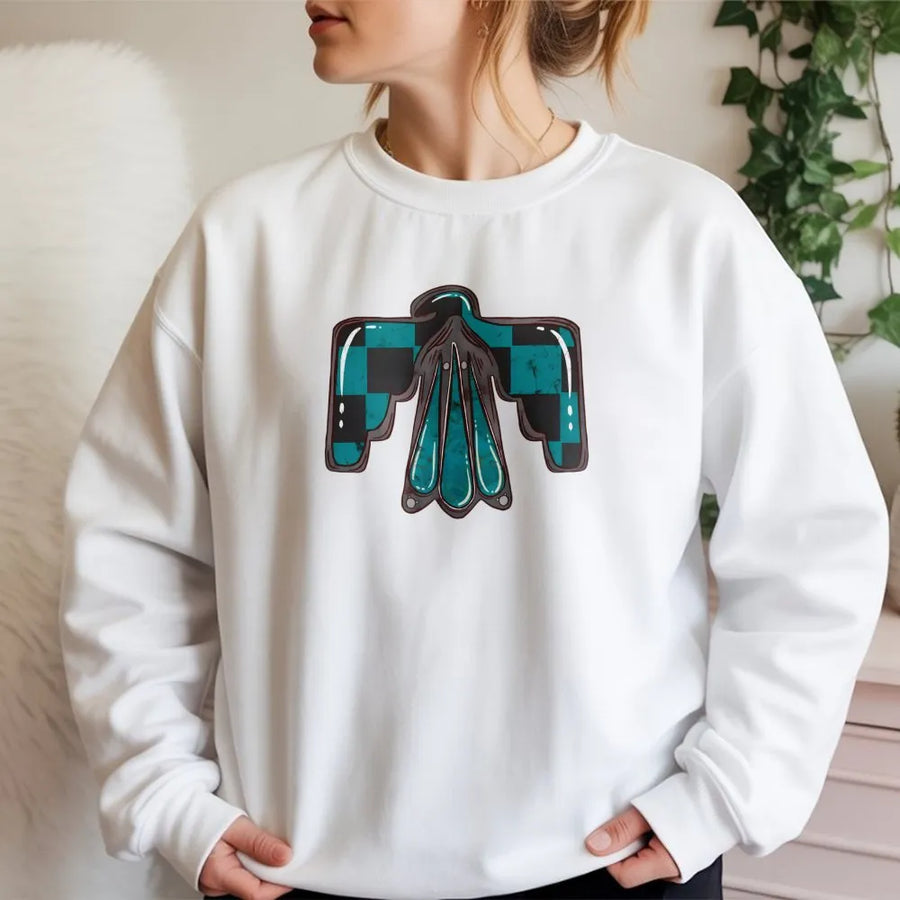 Checkered Thunderbird Sweatshirt | Western Boho Graphic Print | Cotton Blend Crewneck | Southwestern Style Gift For Her