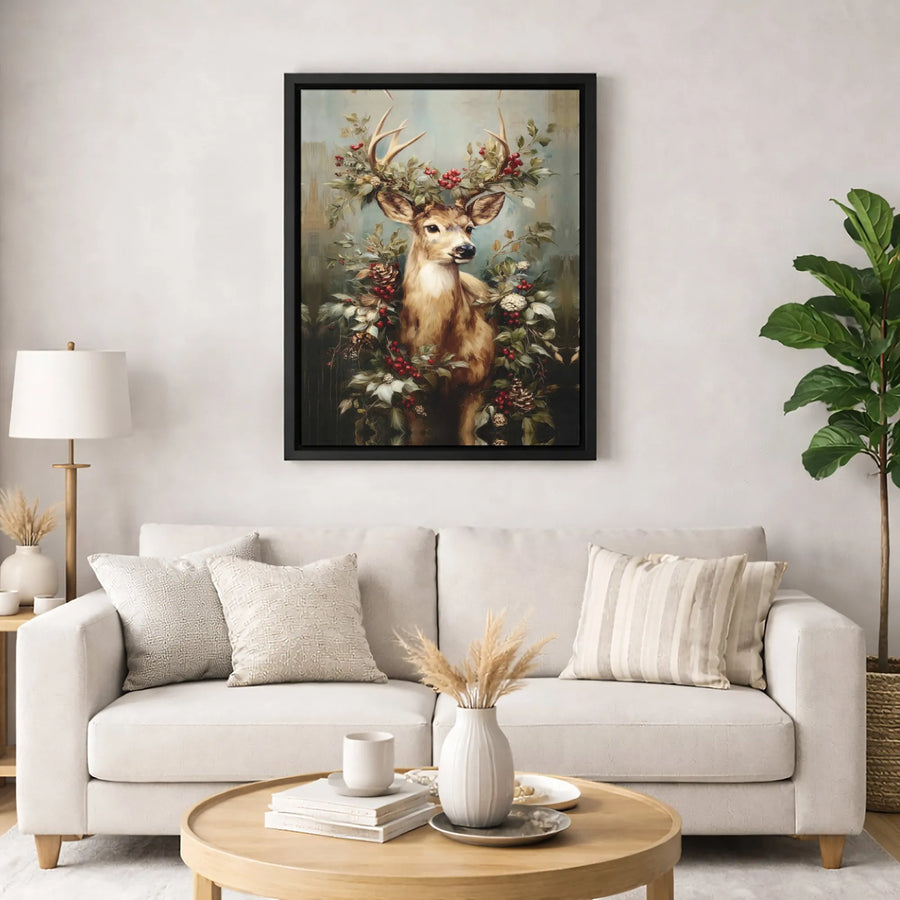 Christmas Deer Canvas Wall Art | Festive Woodland Animal with Berries | Premium 1.25 Inch Gallery Wrap | Holiday Home Decor Gift