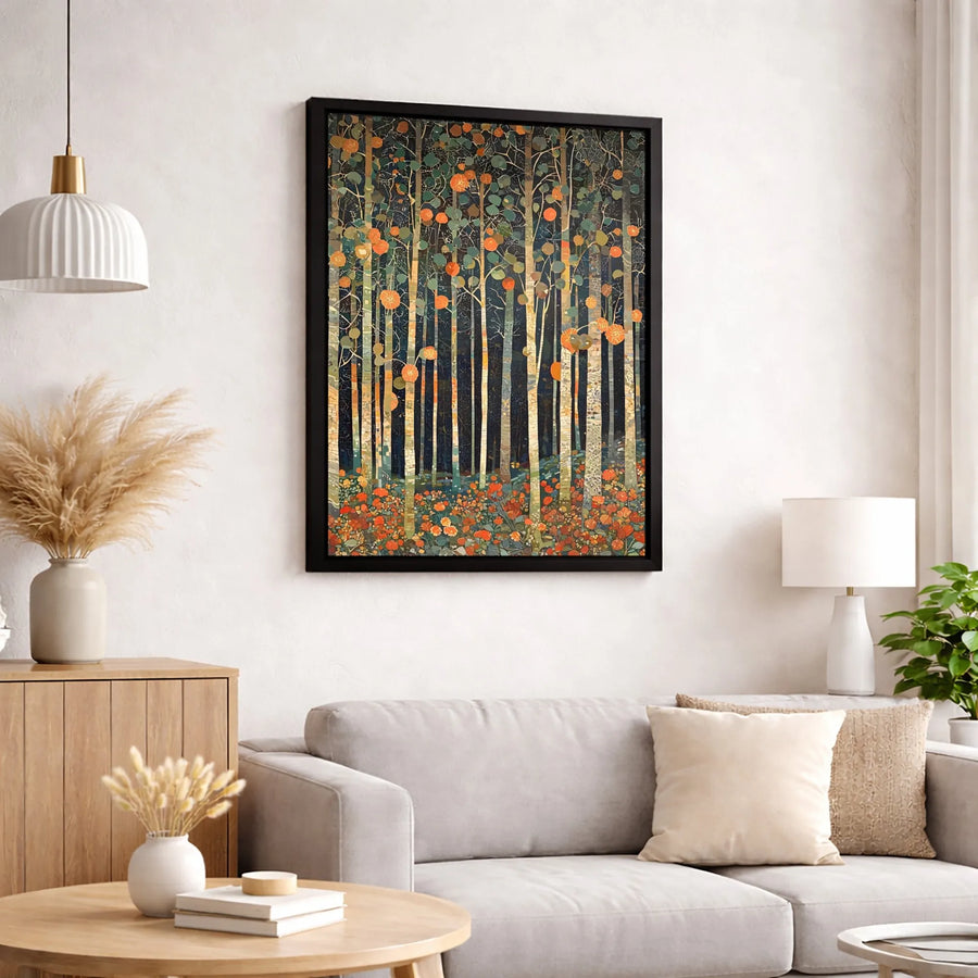 Abstract Forest Canvas Wall Art | Mosaic Woodland Landscape with Orange Flowers | Premium Fade-Resistant Gallery Wrap | Modern Home Office Decor