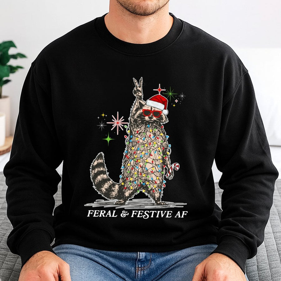 Feral & Festive AF Raccoon Sweatshirt | Funny Christmas Lights Graphic | Premium Cotton-Poly Blend | Unisex Holiday Gift for Raccoon Lovers