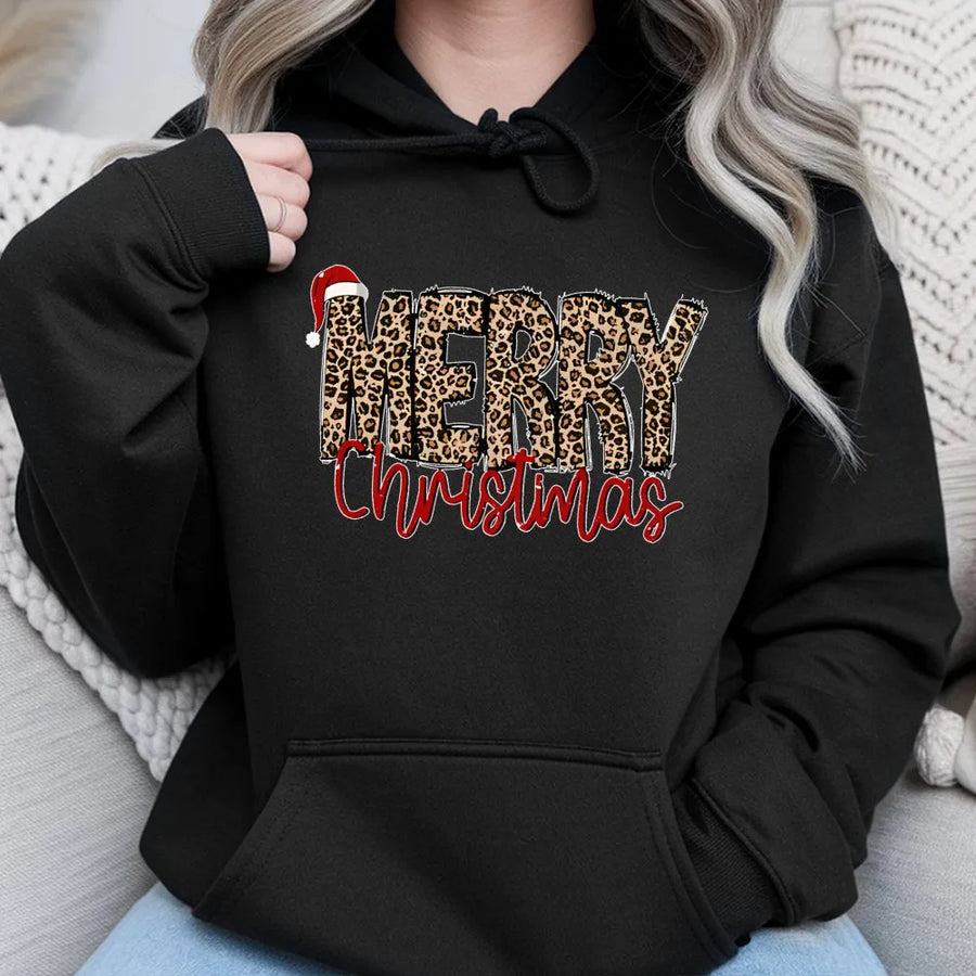 Merry Christmas Leopard Print Hoodie | Festive Santa Hat Graphic | Premium Cotton Blend | Women’s Holiday Gift & Winter Loungewear