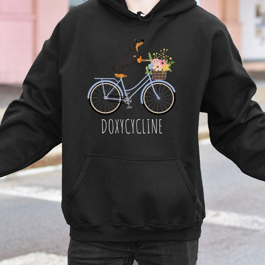 Dachshund Hoodie | Doxycycline Pharmacy Pun Graphic | Premium Cotton Blend | Gift for Pharmacist, Pharmacy Technician or Dog Lover