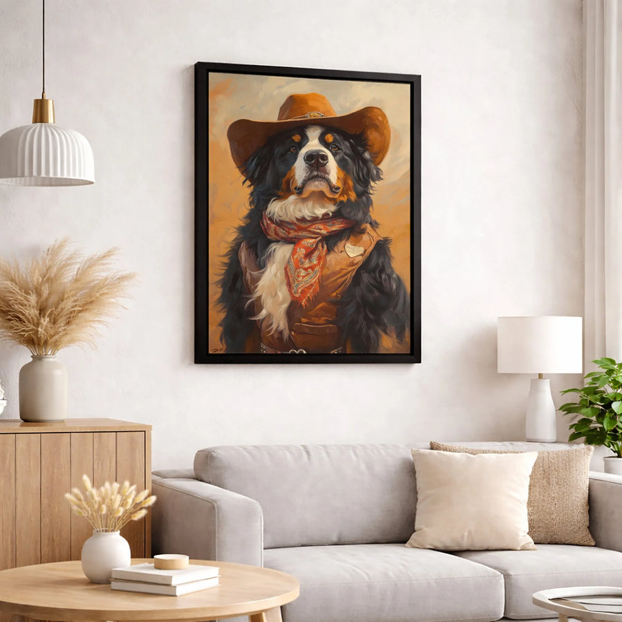 Cowboy Bernese Mountain Dog Canvas | Western Pet Wall Art Portrait | Premium Fade-Resistant Print | Unique Dog Lover Gift