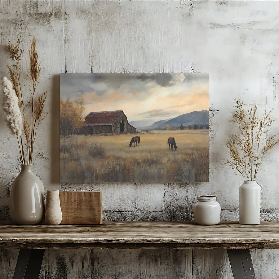 Rustic Barn and Horses Canvas Print | Vintage Country Landscape Art | Premium Gallery Wrapped Canvas | Farmhouse Living Room Decor Gift