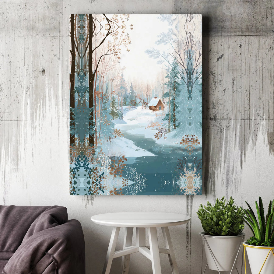 Winter Forest Canvas Wall Art | Snowy Cabin and Frozen River Landscape | Premium Fade-Resistant Print | Cozy Cabincore Home Decor Gift
