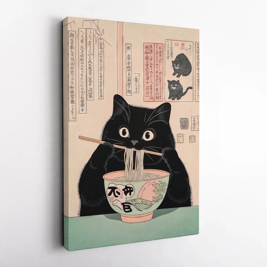 Japanese Ukiyo-E Black Cat Ramen Art Print | Vintage Style Ramen Cat Poster | Premium Gallery Wrap Canvas | Unique Kitchen Wall Decor Gift
